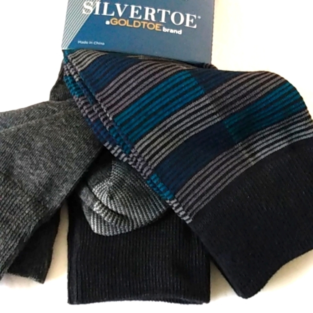 SILVERTOE Goldtoe Aquafx Moisture Control Dress Socks Black Gray 3 Pair Set NWT
